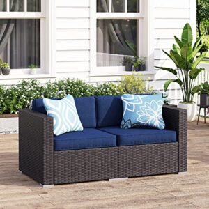 mfstudio 2 pieces patio furniture set,outdoor rattan sectional sofa set,small patio conversation set with navy blue cushions