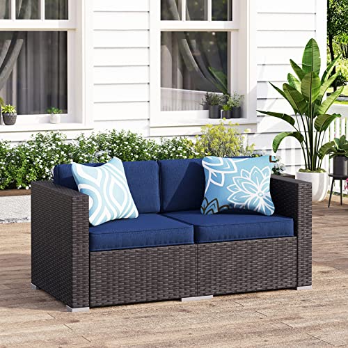 MFSTUDIO 2 Pieces Patio Furniture Set,Outdoor Rattan Sectional Sofa Set,Small Patio Conversation Set with Navy Blue Cushions