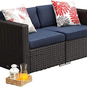MFSTUDIO 2 Pieces Patio Furniture Set,Outdoor Rattan Sectional Sofa Set,Small Patio Conversation Set with Navy Blue Cushions
