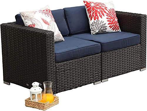 MFSTUDIO 2 Pieces Patio Furniture Set,Outdoor Rattan Sectional Sofa Set,Small Patio Conversation Set with Navy Blue Cushions