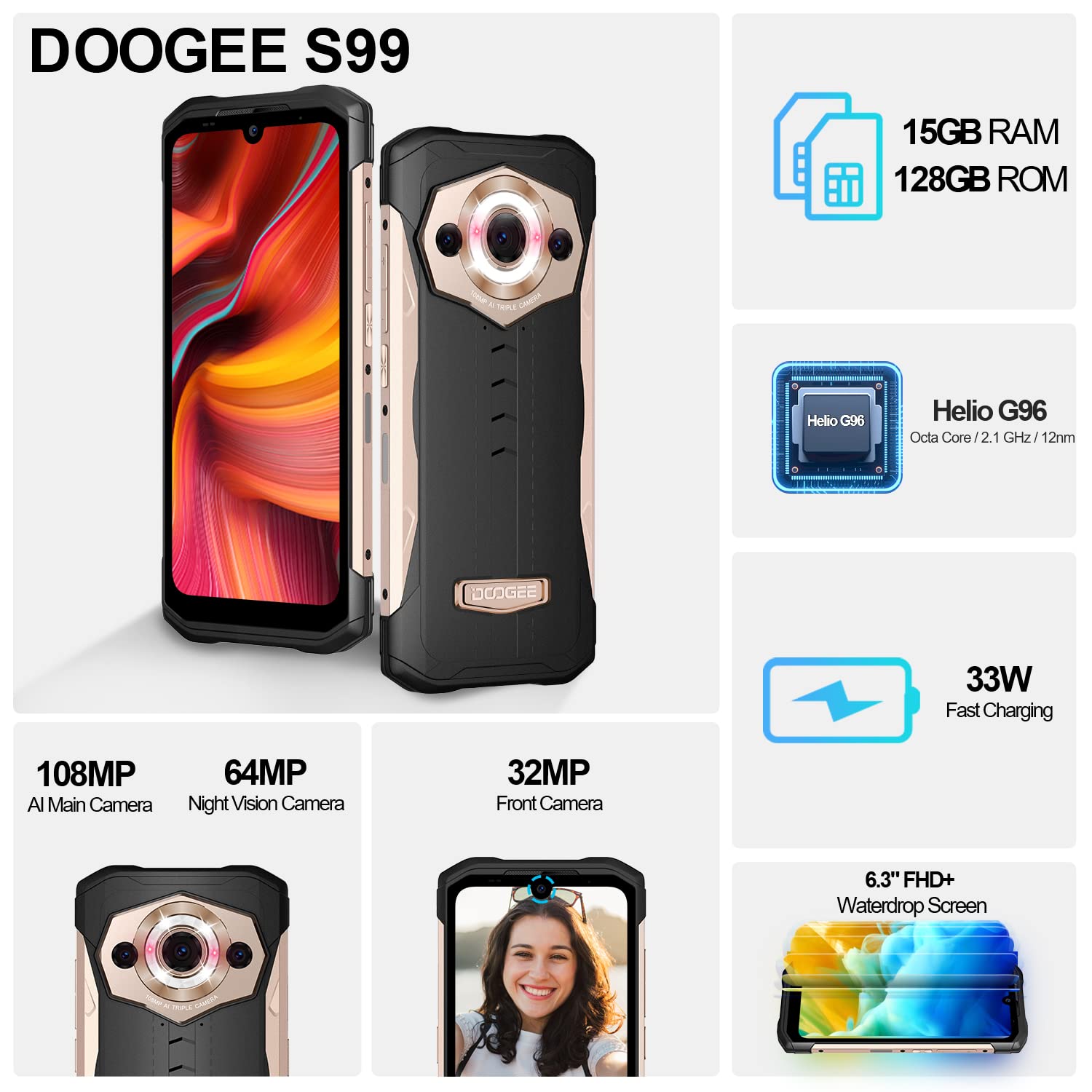 DOOGEE S99 Rugged Smartphone, 15GB+128GB, 6.3-inch FHD+ Display, 108MP Triple Camera, 64MP Night Vision, 6000mAh Battery, Dual 4G, IP68 Waterproof, Unlocked