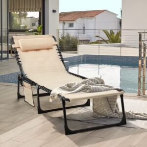 homrest patio chaise lounge chair, folding recliner adjustable lounge chair with detachable pocket and pillow, lightweight pool lounge chairs for outdoor beach lawn and sunbathing（khaki）