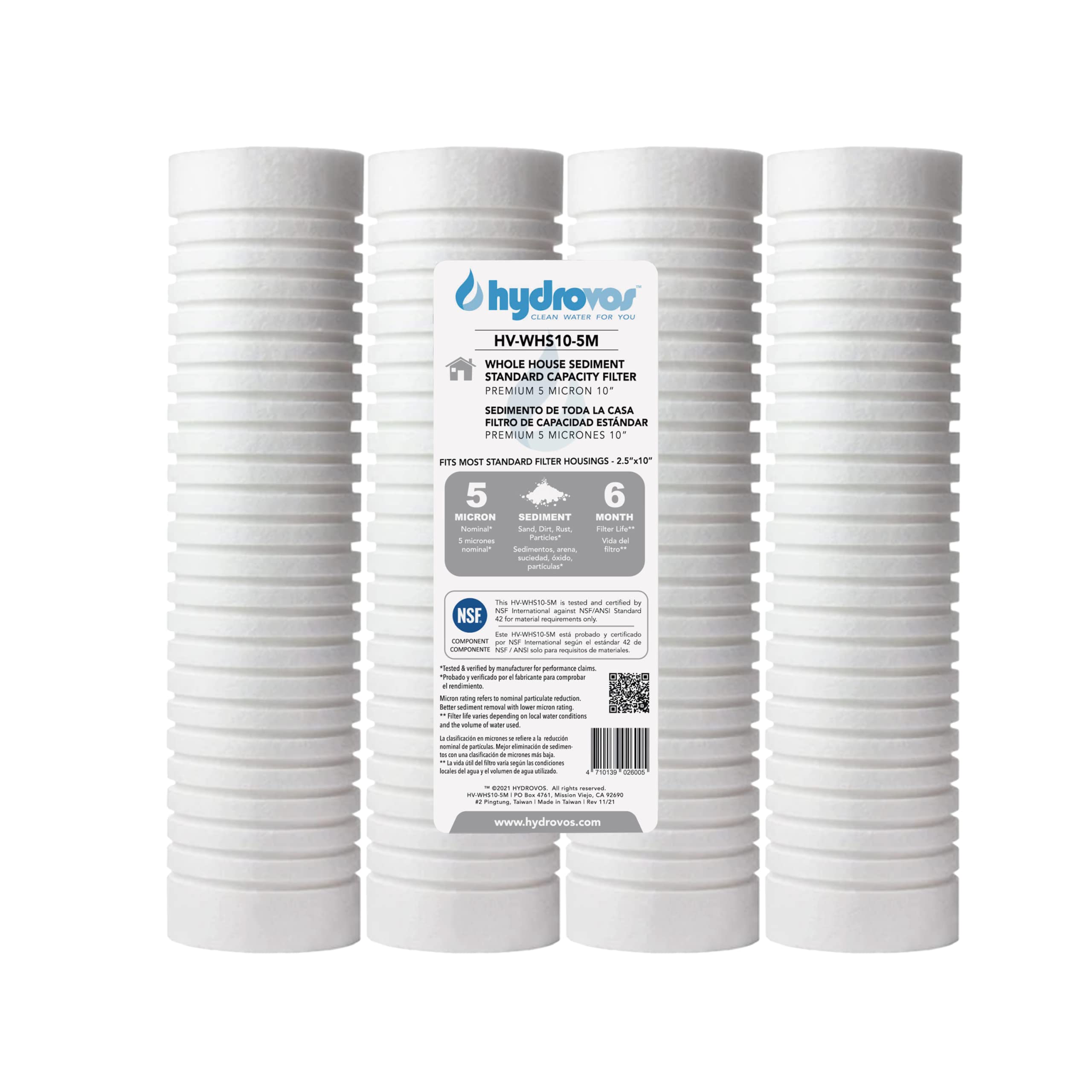 Hydrovos 2.5" x 10" 5 Micron Whole House Water Filter, NSF Certified 10 Inch Sediment Filter with 6-Month Filter Life, 4 Pack