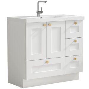 jpnd white shaker style 36" bathroom vanity with sink top, wooden double door bathroom storage vanity with soft-close door and 4 drawers (faucet and knobs not included)
