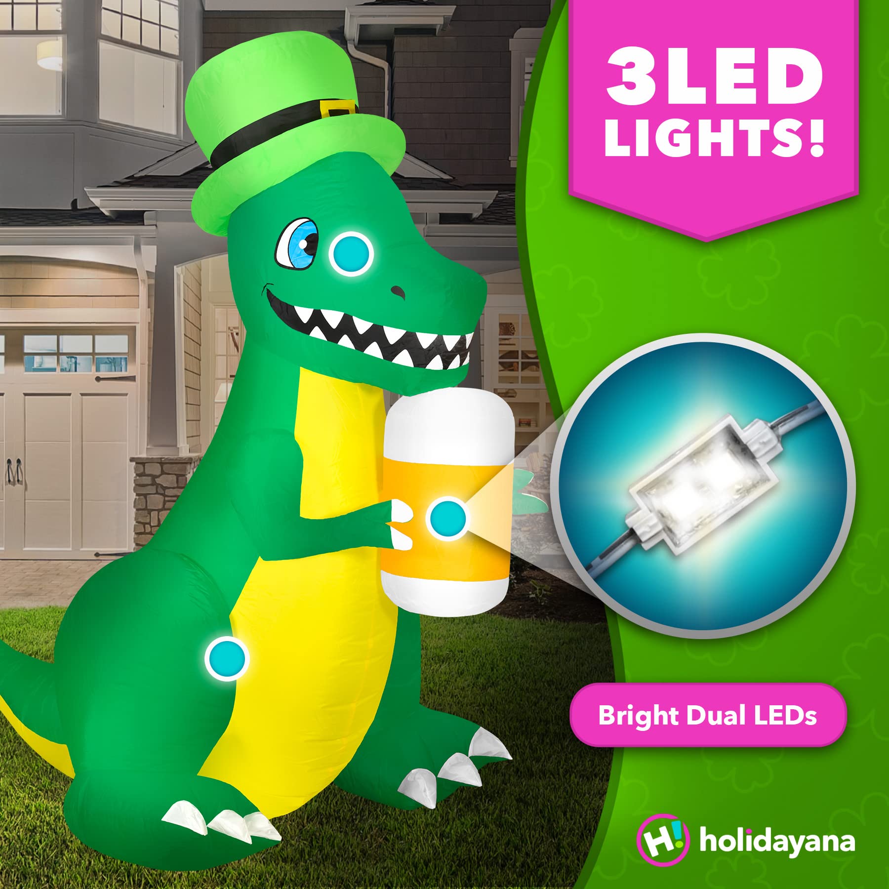 Holidayana 5ft St Patricks Day Inflatable Leprechaun T-rex with Beer - Leprechaun Saint Patricks Day Party Blow Up Yard Decoration, Includes Built-in Bulbs, Tie-Down Points, and Powerful Built-in Fan