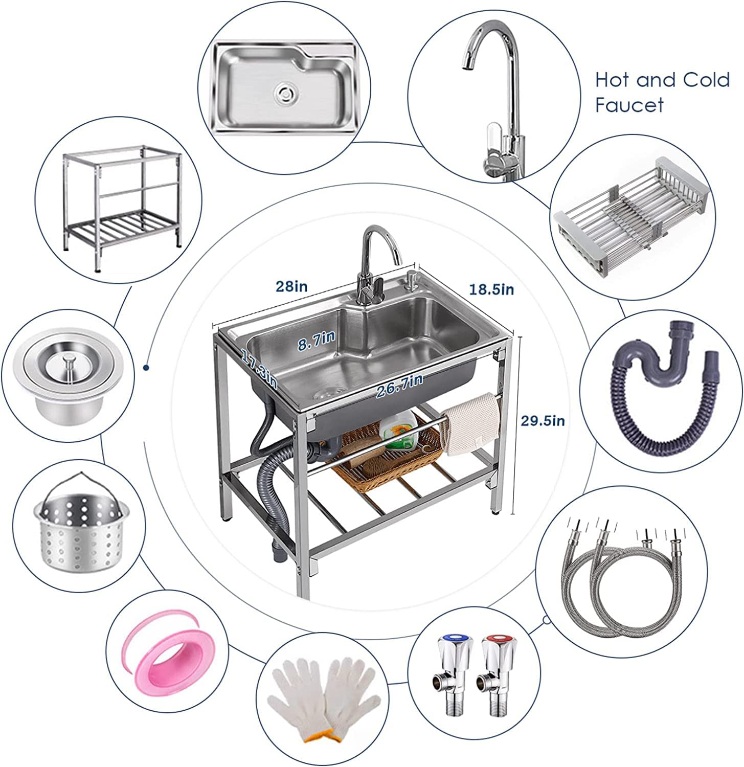 Stainless Steel Utility Sink Single Bowl Commercial Restaurant Kitchen Sink with Storage Shelve Laundry tub & Hot and Cold Faucet Free Standing Sink for Laundry Backyard Garage(28x18.5x29.5in)