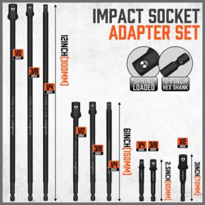 HORUSDY 9-Piece Impact Grade Power Drill Sockets Adapter Sets, 3-Inch 6-Inch and 12-Inch Hex Shank Impact Driver Socket Adapter, Socket to Drill Adapter 1/4" 3/8" 1/2" Impact Driver Adapter