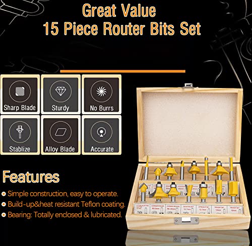 Router Bits 1/4 Shank, Router Bit Set 15 Pcs, Roundover Router Bit 1/4 Shank - Carbide Router Bits for Wood, Woodworking, DIY