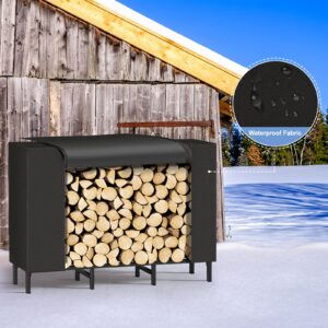 smusei Outdoor Firewood Rack with Cover 5.3Ft Wood Racks Holders for Fireplace Adjustable Metal Wood Log Storage Rack Stand Stackers for Fire Wood with Waterproof Oxford Fabric Cover, Black