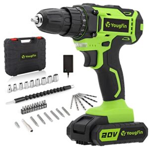 yougfin cordless drill set, 20v power drill kit with battery and charger, 3/8" keyless chuck, variable speed, 25+1 torque setting, 34pcs accessories electric drill driver