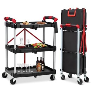 collapsible service cart,3-tier portable cart/detailing cart/utility carts with 2 lockable wheels use for home/commercial/office/warehouse,black, 56 lb. load capacity per shelf