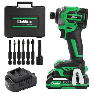 dowox impact driver kit, 2000 in-lbs 21v impact drill driver set, 1/4'' hex chuck 0-3200 rpm variable speed, 2.0ah battery and 1h fast charger, 7pcs driver bits socket and tool case