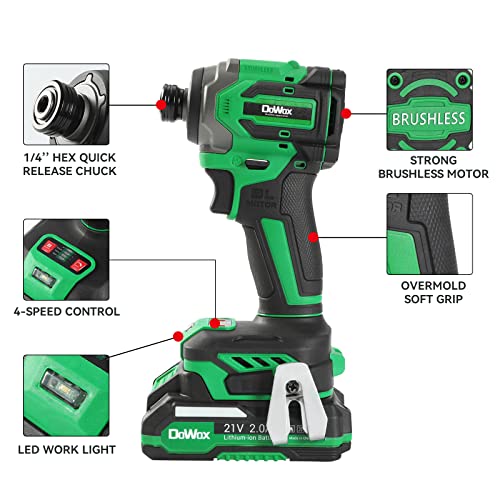 DOWOX Impact Driver Kit, 2000 IN-LBS 21V Impact Drill Driver Set, 1/4'' Hex Chuck 0-3200 RPM Variable Speed, 2.0Ah Battery and 1H Fast Charger, 7Pcs Driver Bits Socket and Tool Case