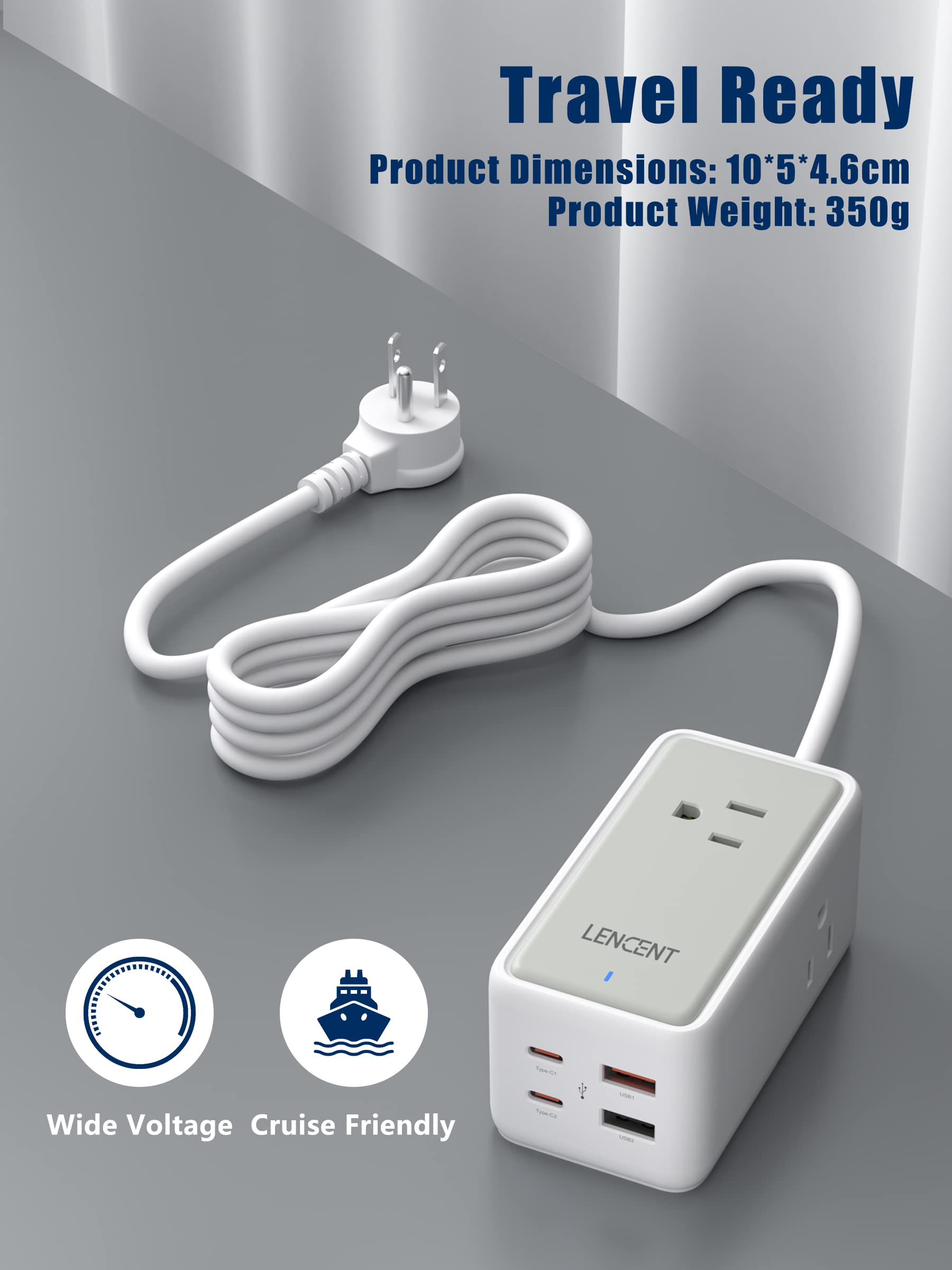 LENCENT USB C Charger GaN III 65W USB C Charging Station,Multi outlet extender，Fast Charging USB & Type C, extension 5.0 ft cord【3 AC Outlets+2 USB C(PD 65W Max) + 2 USB】for Home,Office,Travel(White)