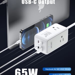 LENCENT USB C Charger GaN III 65W USB C Charging Station,Multi outlet extender，Fast Charging USB & Type C, extension 5.0 ft cord【3 AC Outlets+2 USB C(PD 65W Max) + 2 USB】for Home,Office,Travel(White)