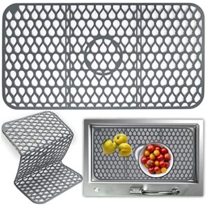 sink protectors for kitchen sink, kitchen sink mats grid accessory 26''×13.7'', non-slip silicone sink mats,grey kitchen sink mat with center drain for farmhouse stainless steel ceramic sink