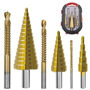 6pcs step drill bits set, hss high speed steel for stainless steel, metal, wood, plastic drilling 4-32mm / 4-20 mm / 4-12mm / 6mm / 8mm / 3mm with case for woodworking, diy lovers…
