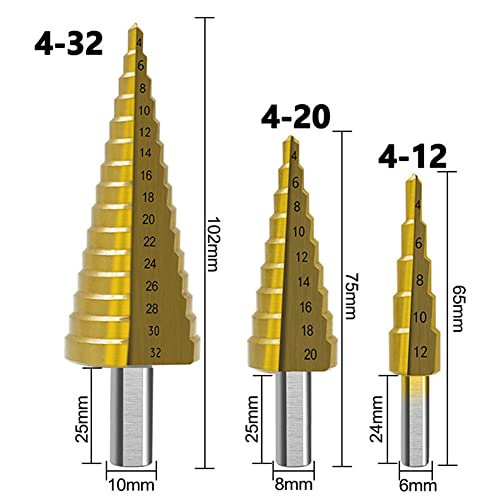 6PCS Step Drill Bits Set, HSS High Speed Steel for Stainless Steel, Metal, Wood, Plastic Drilling 4-32MM / 4-20 MM / 4-12MM / 6MM / 8MM / 3MM with Case for Woodworking, DIY Lovers…