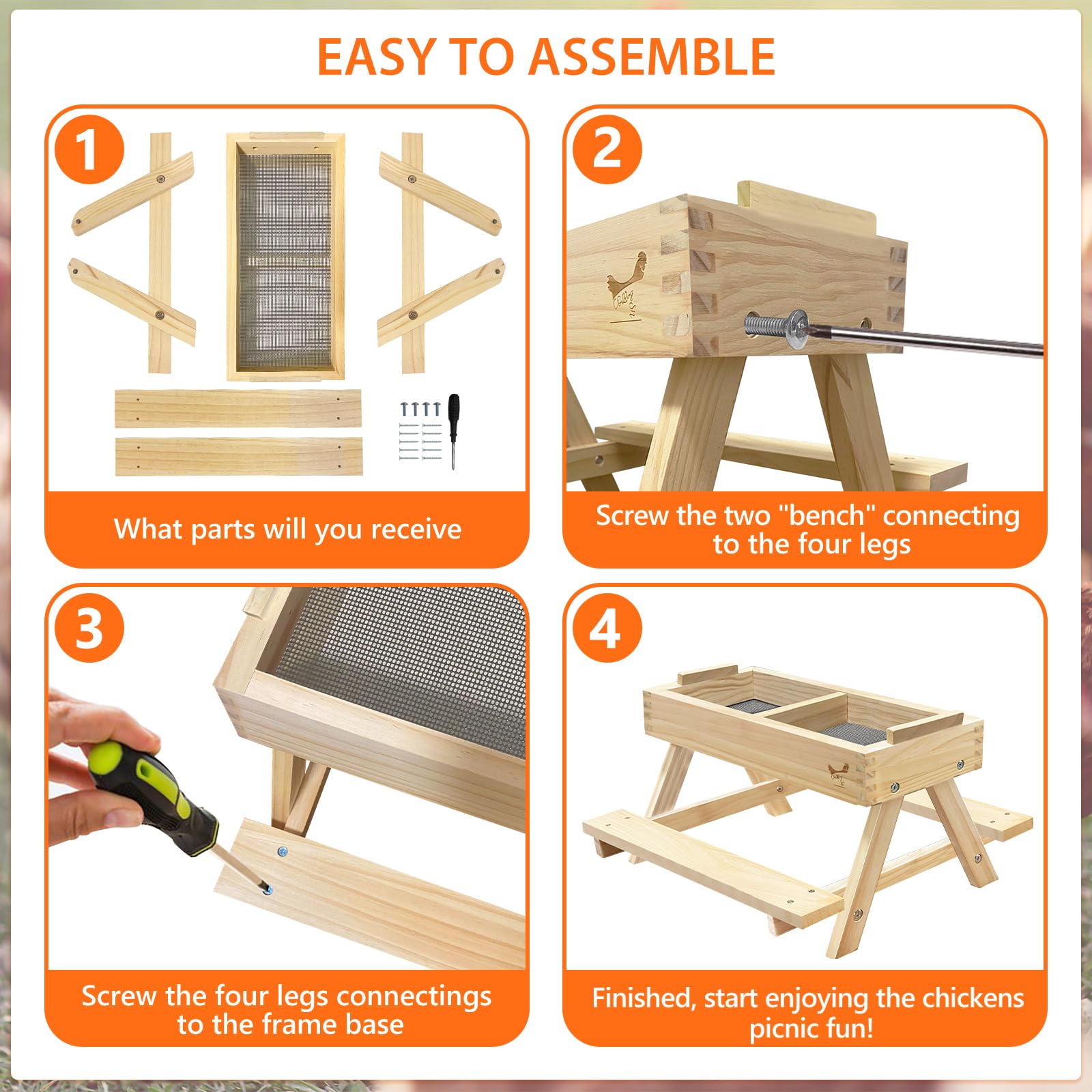 COLRASN Chicken Picnic Table,Chicken Feeder No Waste Handmade Wooden, DIY Chicken Feeder Kit, 15.7" L X 15" W X 10" H, Duck Feeder No Mess, Easy to Clean and Fill, Keep Food Fresh and Dry