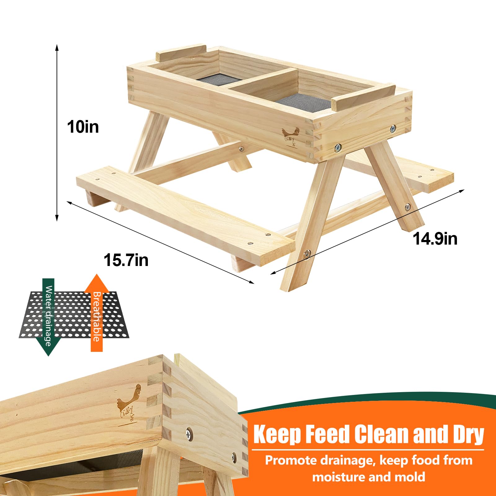 COLRASN Chicken Picnic Table,Chicken Feeder No Waste Handmade Wooden, DIY Chicken Feeder Kit, 15.7" L X 15" W X 10" H, Duck Feeder No Mess, Easy to Clean and Fill, Keep Food Fresh and Dry