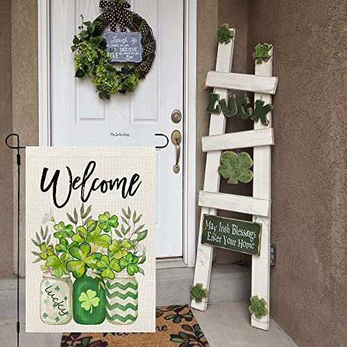 CROWNED BEAUTY St Patricks Day Garden Flag 12x18 Inch Double Sided for Outside Small Burlap Green Shamrocks Clovers Lucky Welcome Yard Holiday Flag CF725-12