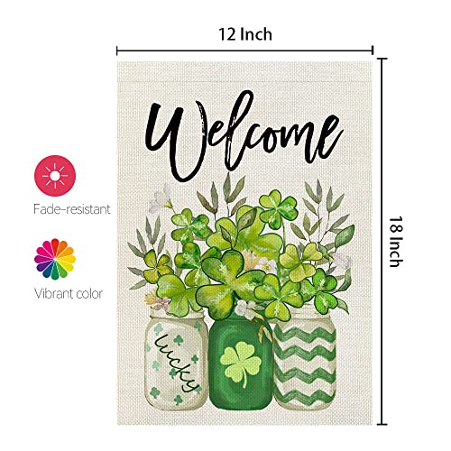 CROWNED BEAUTY St Patricks Day Garden Flag 12x18 Inch Double Sided for Outside Small Burlap Green Shamrocks Clovers Lucky Welcome Yard Holiday Flag CF725-12