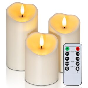 amagic flickering flameless candles, waterproof outdoor indoor battery operated led candles with remote timers, won't melt, ivory plastic, d3 x h4 5" 6", set of 3