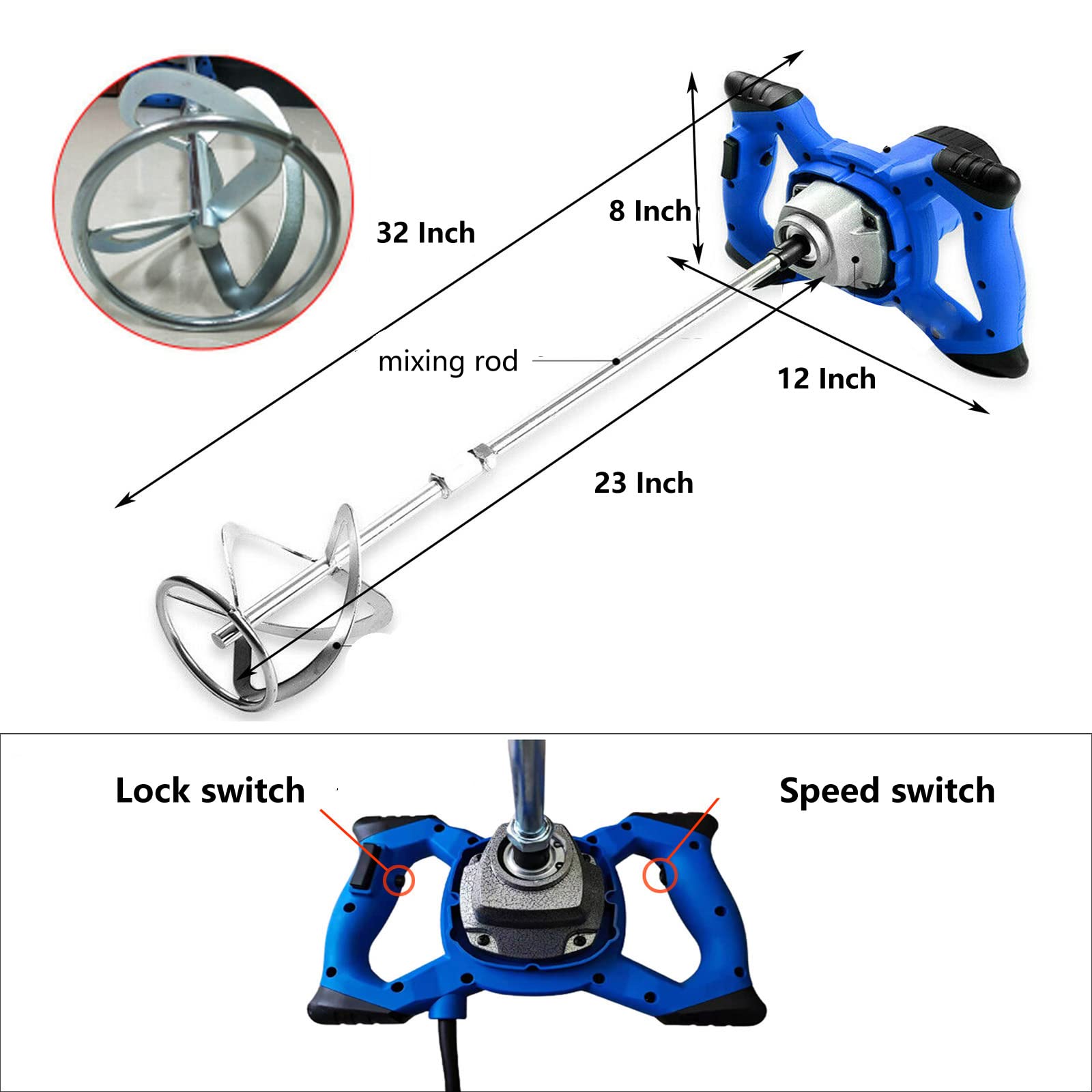 Cement Mixer, Paint Mixer, 2600W Electric Concrete Mixer, Mortar Mixer, M14 Adjustable Agitator, 6 Speed Control, Plaster Grout Drill Mixer Stirring Tool, Used for Mixing Cement Slurry, Paint Coating