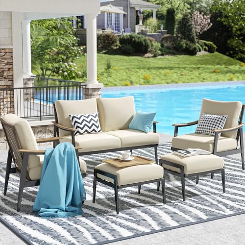 NATURAL EXPRESSIONS Patio Furniture Set,Outdoor Furniture Patio Sofa Outdoor Sectional Metal Patio Conversation Set with High Back Wicker Backrest, Loveseat & Ottoman for Balcony,Backyard,Deck