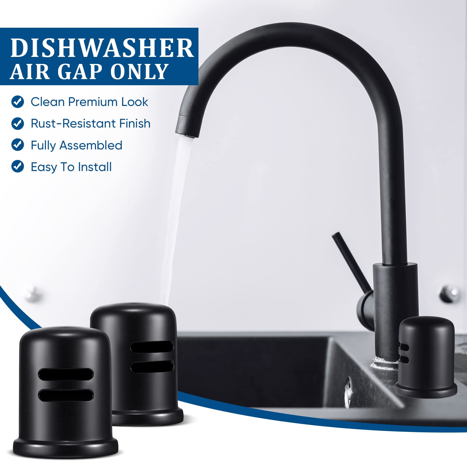 Dishwasher Air Gap Cover Air Gap Cap for Sink Solid Brass Air Gap Cover Replacement Kitchen Air Gap, 1-5/8" Cap Diameter 2-1/4 Cap Height (Matte Black Color)