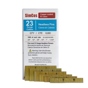 simcos 6000 pcs 23 gauge pin nails headless pinner nails 6 sizes assorted 2/5 inch to 1-3/16 inch for molding cabinetry building assembly