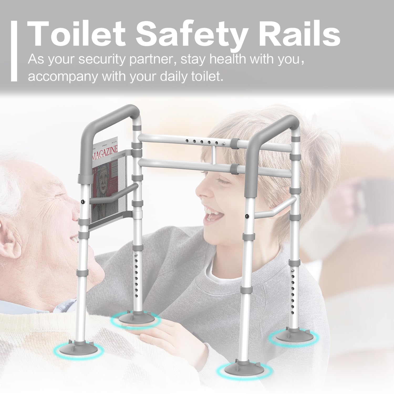 Agrish Stand Alone Toilet Safety Rail - Adjustable Width & Height Fit Any Toilet, Medical Toilet Frame for Elderly Handicap Disabled, Folding Handrails