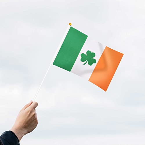 20 Pack Small Ireland Irish Shamrock Flag Stick 5'' x 8'' - Mini Handheld Lucky Green Clover Flags for St Patrick's Day Parade Celebration