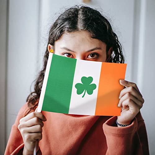 20 Pack Small Ireland Irish Shamrock Flag Stick 5'' x 8'' - Mini Handheld Lucky Green Clover Flags for St Patrick's Day Parade Celebration