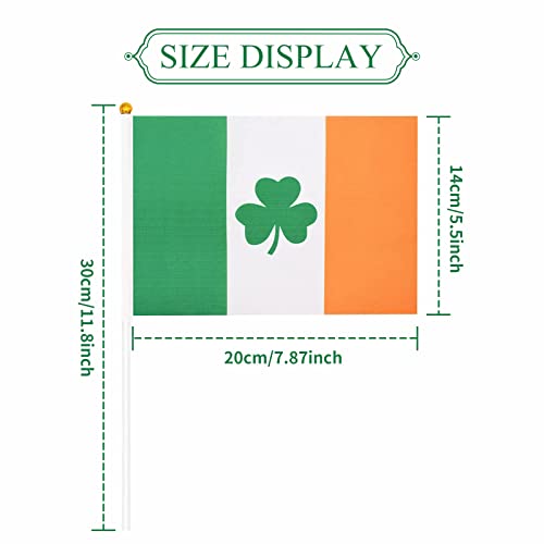 20 Pack Small Ireland Irish Shamrock Flag Stick 5'' x 8'' - Mini Handheld Lucky Green Clover Flags for St Patrick's Day Parade Celebration