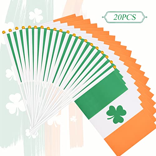 20 Pack Small Ireland Irish Shamrock Flag Stick 5'' x 8'' - Mini Handheld Lucky Green Clover Flags for St Patrick's Day Parade Celebration