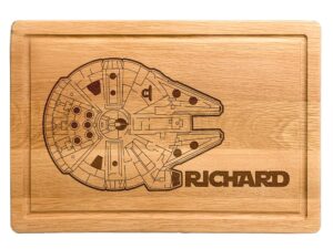 millenium falcon cutting board fathers day gifts, personalized stars war charcuterie - serving board, customi dad gift, custom engraved wood plate, unique design, usa handcrafted star waars board