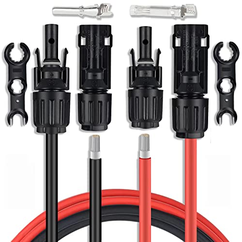 Solar Extension Cable Aimyzii 1 Pair(10Ft Red + 10 Ft Black) 10AWG(6mm²) Solar Panel Cable MC4 Extension Cable with Pair of Connectors and Adaptor Kit Tools