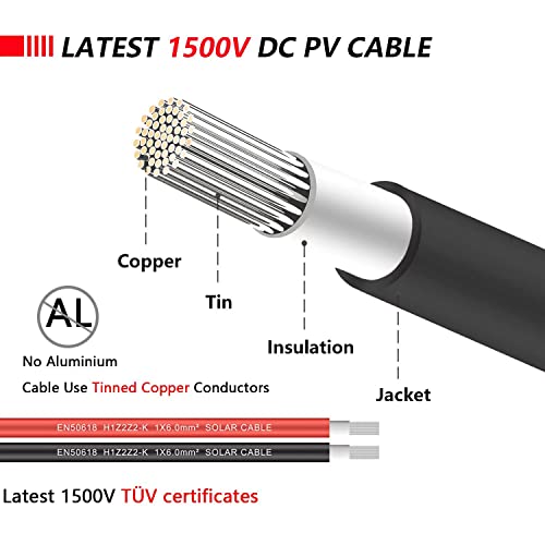 Solar Extension Cable Aimyzii 1 Pair(10Ft Red + 10 Ft Black) 10AWG(6mm²) Solar Panel Cable MC4 Extension Cable with Pair of Connectors and Adaptor Kit Tools