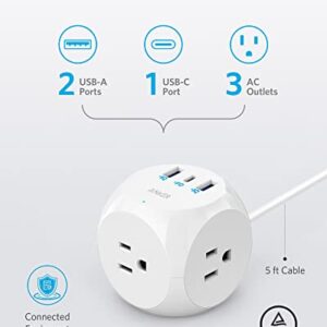 Anker Power Strip with USB C, PowerCube with 3 Outlets & 30W USB C,5ft Extension Cord and Travel Power Strip USB C, Anker 511 USB Power Strip, 2Outlets & 3USB Ports