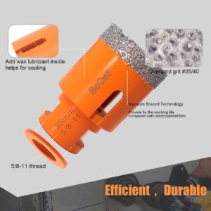 BeQell 1-1/2" Diamond Core Drill Bit 38mm 5/8-11 Thread Diamond Hole Saw for Porcelain Tile Ceramic Marble Brick Granite Drilling & 3/8" Hex Shank Adapter