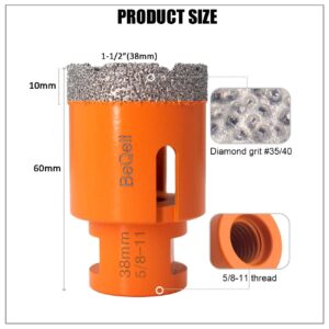 BeQell 1-1/2" Diamond Core Drill Bit 38mm 5/8-11 Thread Diamond Hole Saw for Porcelain Tile Ceramic Marble Brick Granite Drilling & 3/8" Hex Shank Adapter