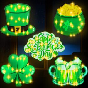 5 pcs st. patrick's day window lights decorations lighted shamrock window silhouette light up holiday displays st. patrick's sign hanging ornaments for indoor outdoor decor wall door fireplace