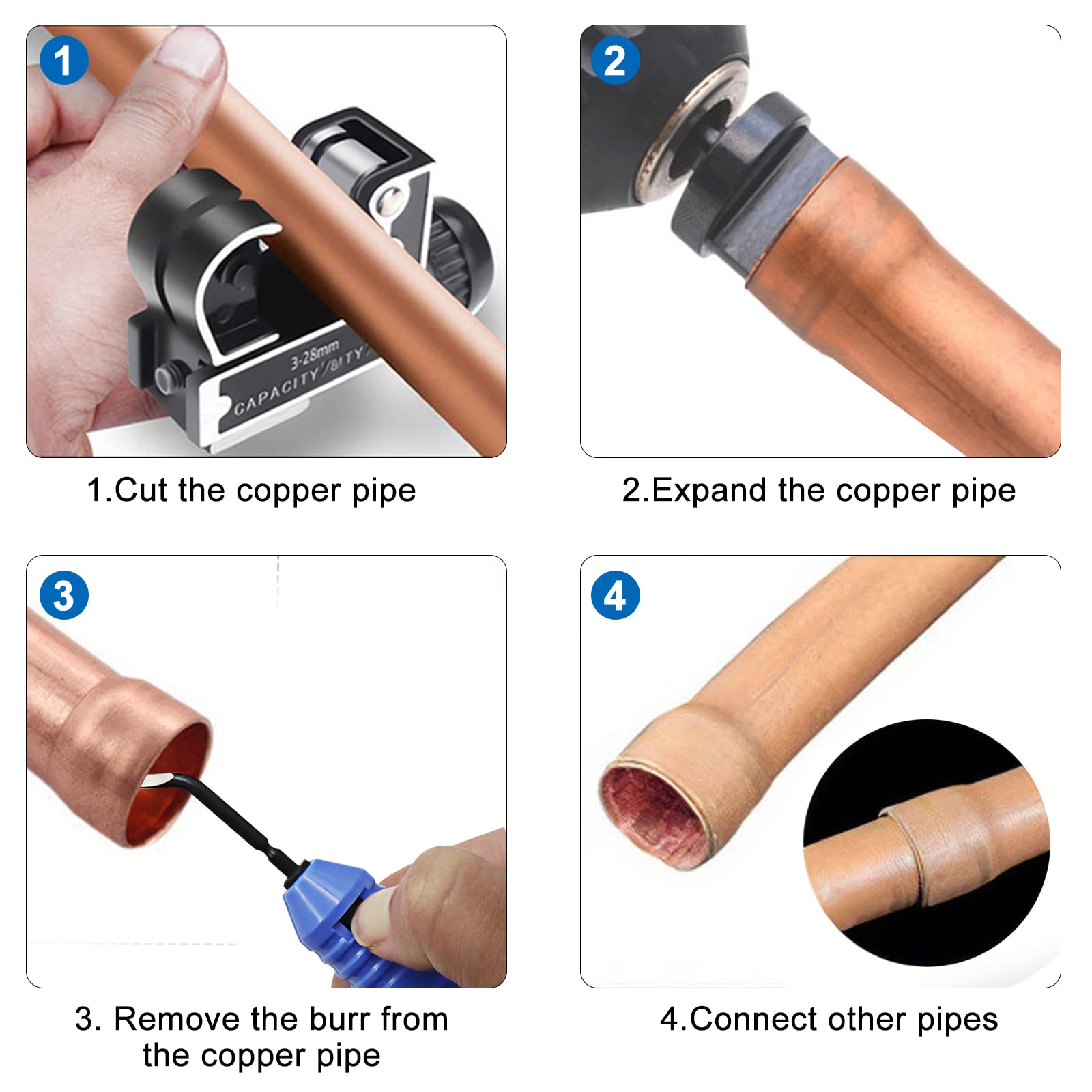 8 Pcs HVAC Repairing Tools, Air Conditioner Copper Pipe Expander Swaging Tool with Copper Pipe Deburring Tool and Copper Pipe Cutter Tool Hex Shank Copper Pipe Flaring Tool Tube Expander