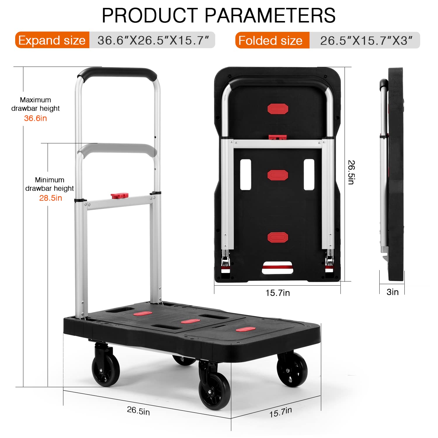 Platform Hand Truck Portable Trolly - Fully Folded Compact Push Cart, 330lbs Capacity Heavy Duty Dolly Practical Handling Tools for Household Industrial, Noise Reduction Office Moving Truck