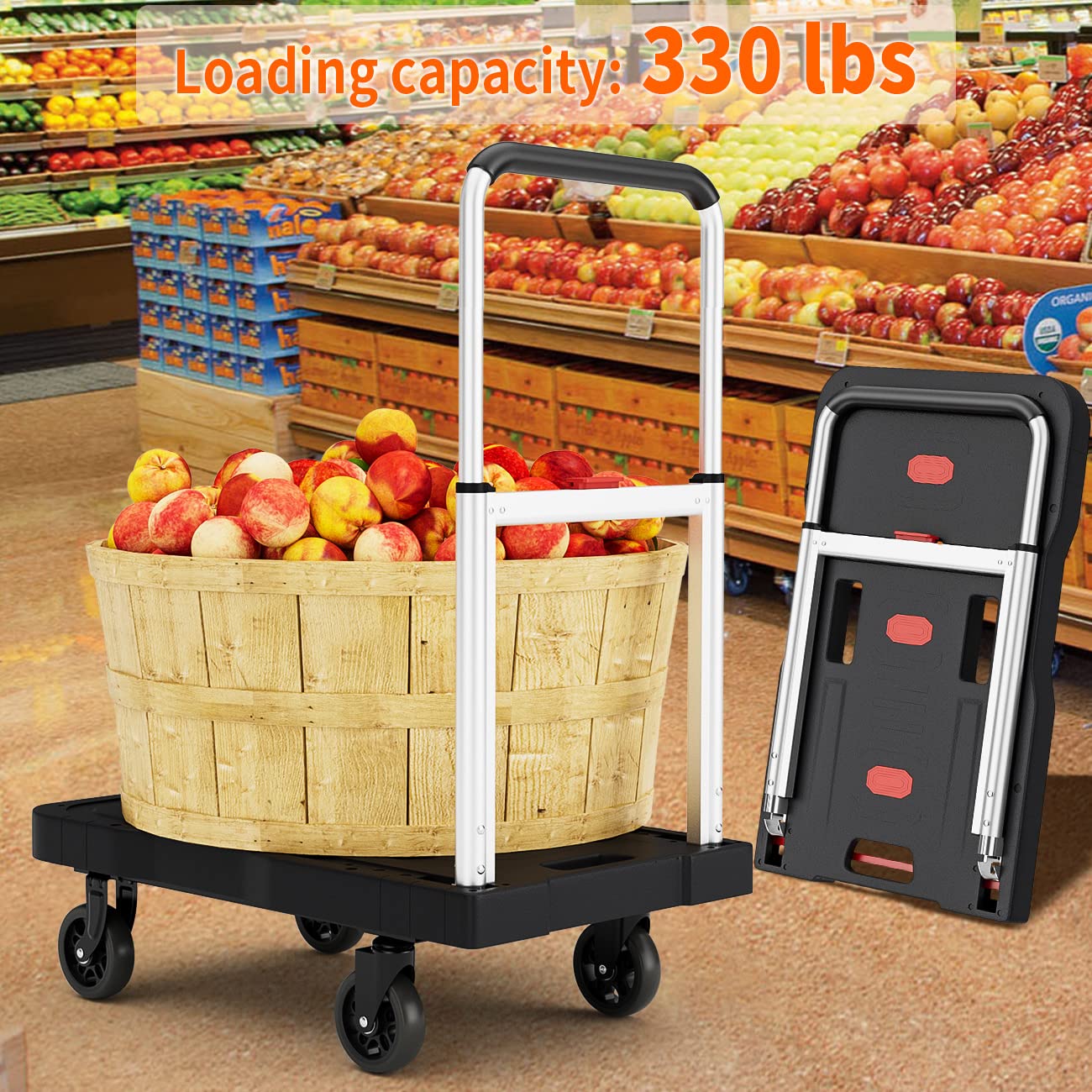 Platform Hand Truck Portable Trolly - Fully Folded Compact Push Cart, 330lbs Capacity Heavy Duty Dolly Practical Handling Tools for Household Industrial, Noise Reduction Office Moving Truck