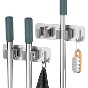 homeasy mop broom holder wall mounted sus304 stainless steel, mop broom organizer with 2 installation methods (no drilling&screw drilling installation 2 in 1), mop hanger heavy duty with hooks, 2pcs
