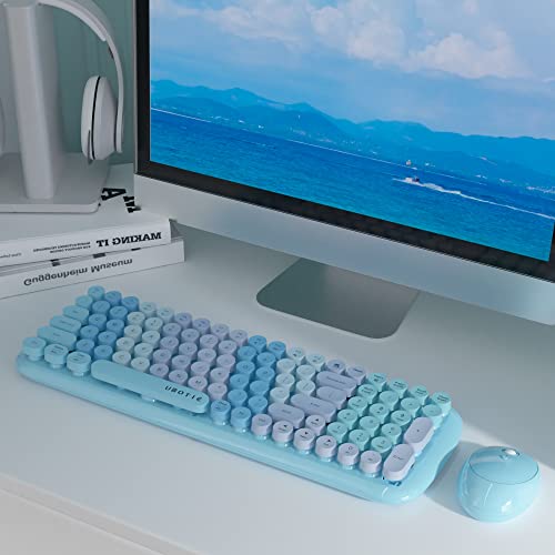 Wireless Keyboards and Mouse Combos, UBOTIE Colorful Gradient Rainbow Colored Retro Typewriter Flexible Keyboard, 2.4GHz Connection and Optical Mouse (New Blue Colorful)