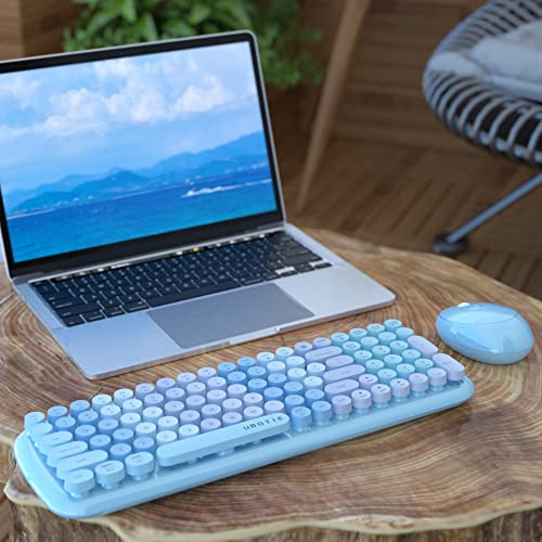 Wireless Keyboards and Mouse Combos, UBOTIE Colorful Gradient Rainbow Colored Retro Typewriter Flexible Keyboard, 2.4GHz Connection and Optical Mouse (New Blue Colorful)