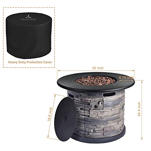 BAIDE HOME 32-Inch Ceramic Fire Table, 50,000 BTU Round Outdoor Propane Fire Pit, Concrete Faux Stacked Stone Base w/Metal Lid, Lava Rocks, Electric Ignition, Cover